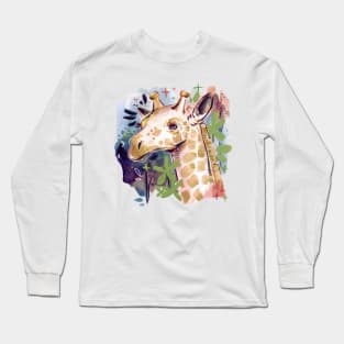 Colorful Giraffe with Leaves and Flowers Long Sleeve T-Shirt